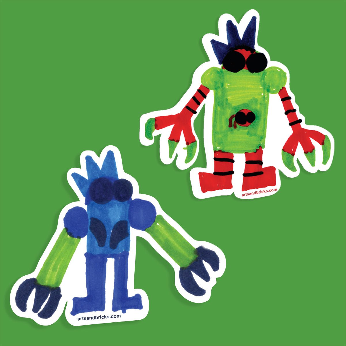 2 Kid - Drawn Robots is a Kids Artwork Colorful Sticker (kids artwork, kids room, robot) from the Arts and Bricks brand by Barkhurst Creative
