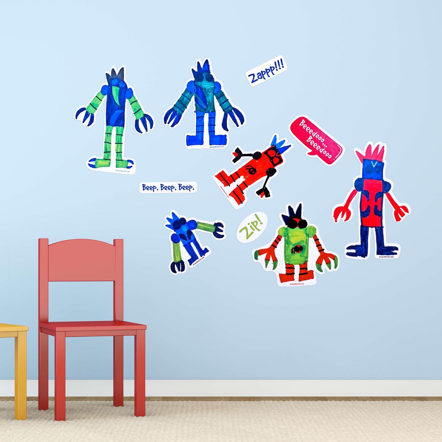 6 Kid - Drawn Robots is a Kids Artwork Colorful Sticker (cool gift, display kids artwork, gifts for kids) from the Arts and Bricks brand by Barkhurst Creative