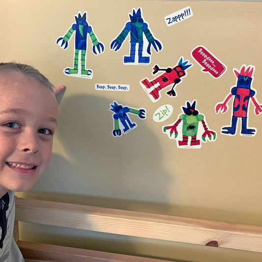 6 Kid - Drawn Robots is a Kids Artwork Colorful Sticker (cool gift, display kids artwork, gifts for kids) from the Arts and Bricks brand by Barkhurst Creative