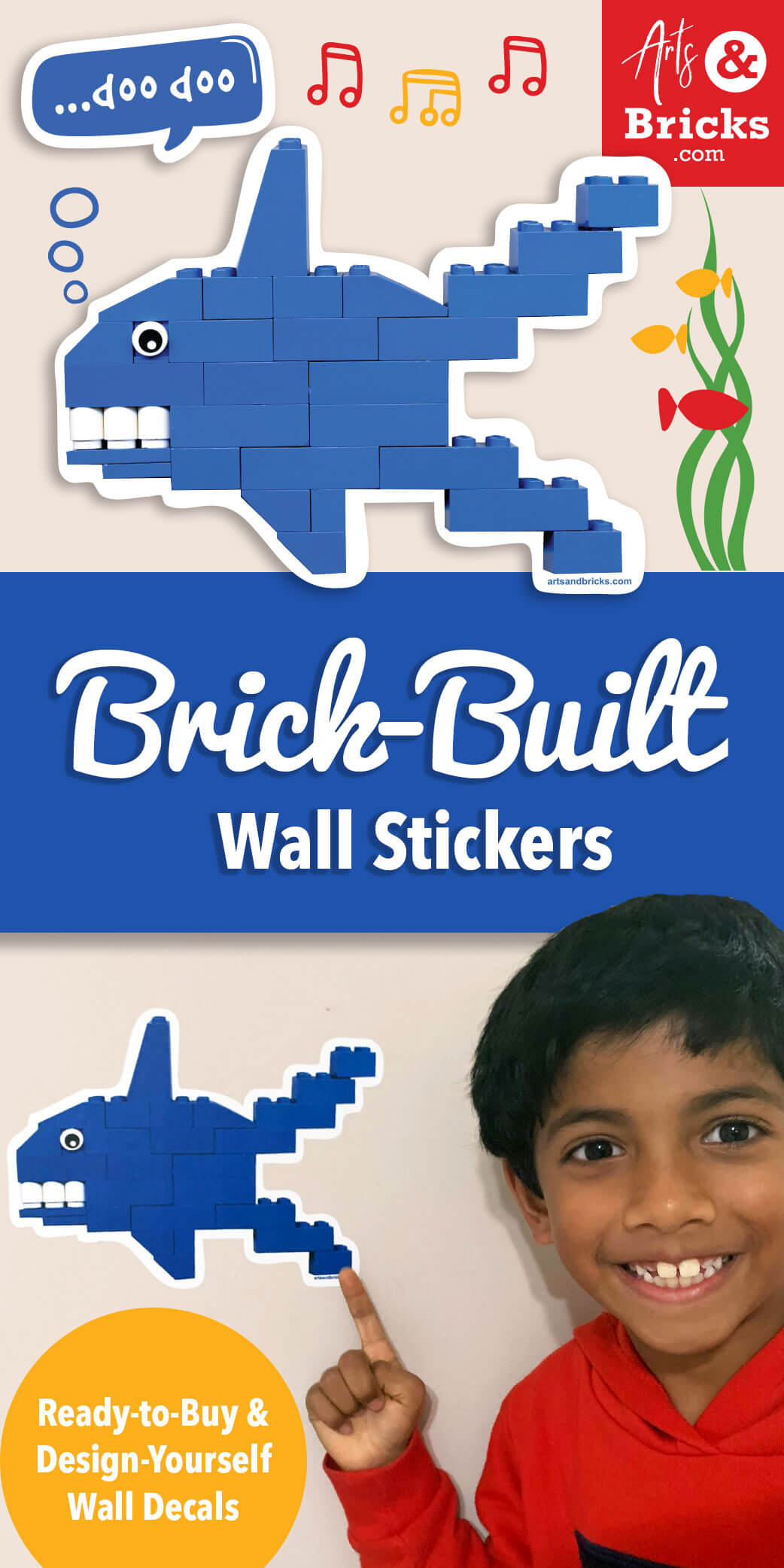 Buy & design yourself brick built baby shark wall stickers! #LEGO #wallstickers #walldecals #babyshark #shark #forkids 