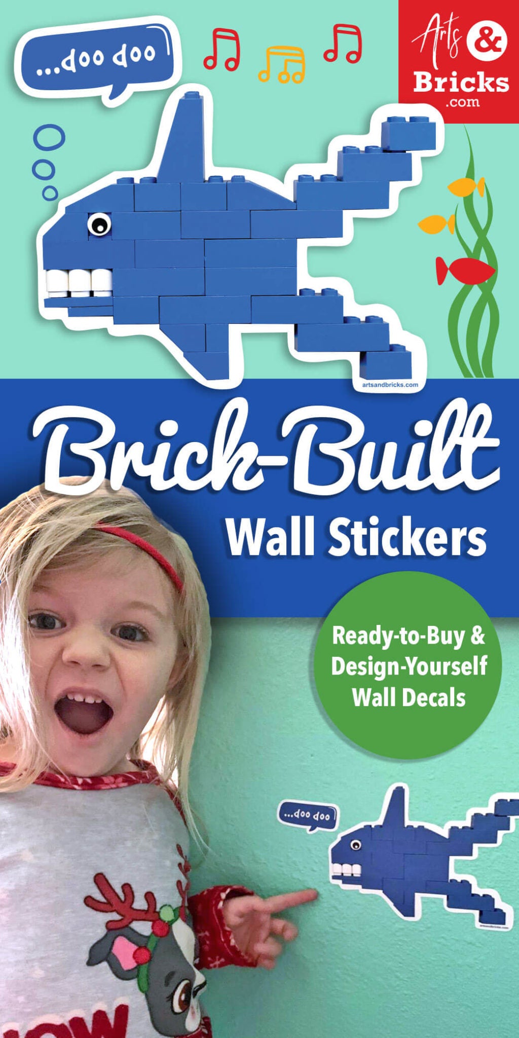 Buy & design yourself brick built baby shark wall stickers! #LEGO #wallstickers #walldecals #babyshark #shark #forkids 