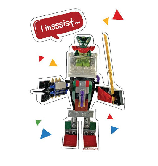 Brick - Built "I Insssist" Robot is a Brick Built Colorful Sticker (boys age 7, brick art, brick - built) from the Arts and Bricks brand by Barkhurst Creative