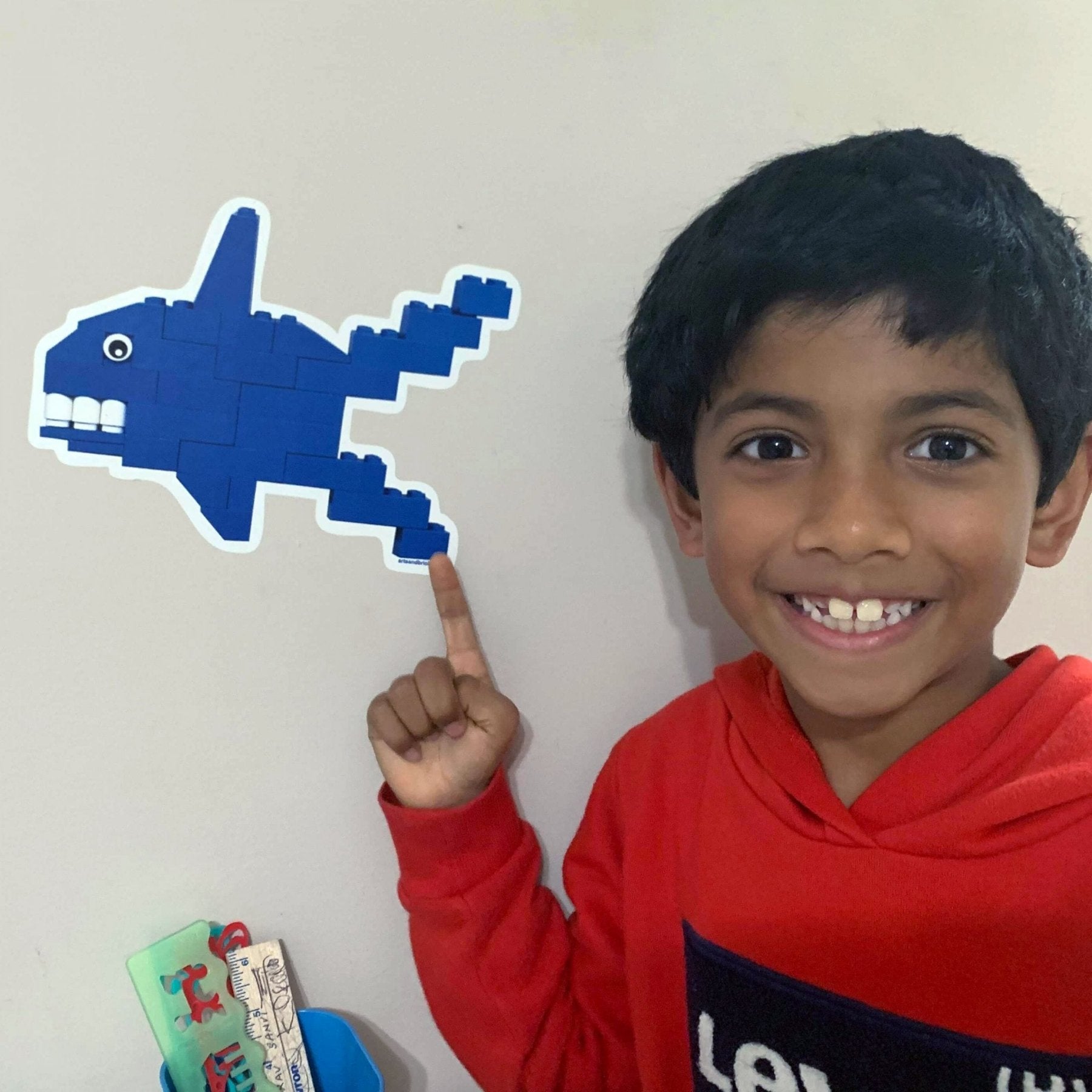 Brick - Built Shark is a Brick Built Colorful Sticker (blue, brick art, brick - built) from the Arts and Bricks brand by Barkhurst Creative