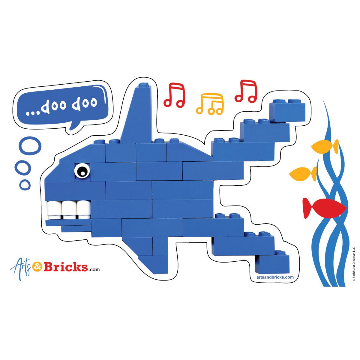 Brick - Built Shark is a Brick Built Colorful Sticker (blue, brick art, brick - built) from the Arts and Bricks brand by Barkhurst Creative
