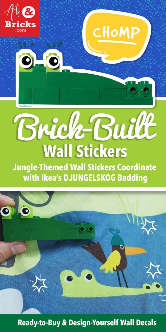 Decorate your kid's room with brick-built wall stickers! Jungle-Themed Wall Stickers Coordinate with Ikea's DJUNGELSKOG Bedding #LEGO #wallstickers #walldecals #alligators #crocodile #forkids 