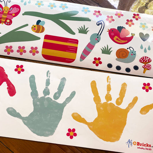 Personalized Playful Handprints is a Personalized Colorful Sticker (custom designs, handprint, personalized) from the Arts and Bricks brand by Barkhurst Creative
