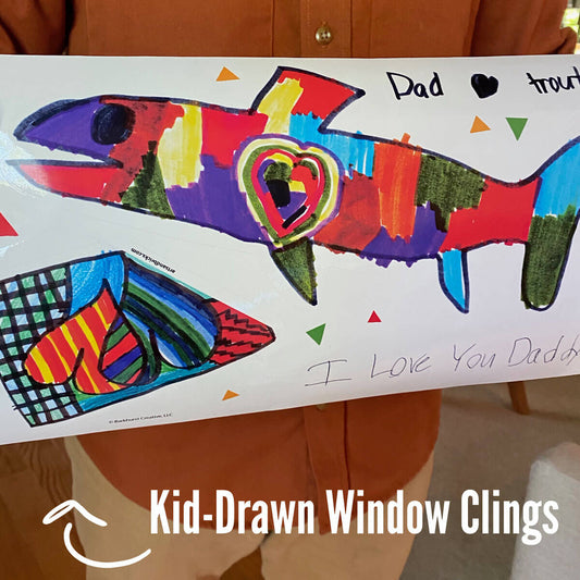 Image of kid-drawn window clings for dad