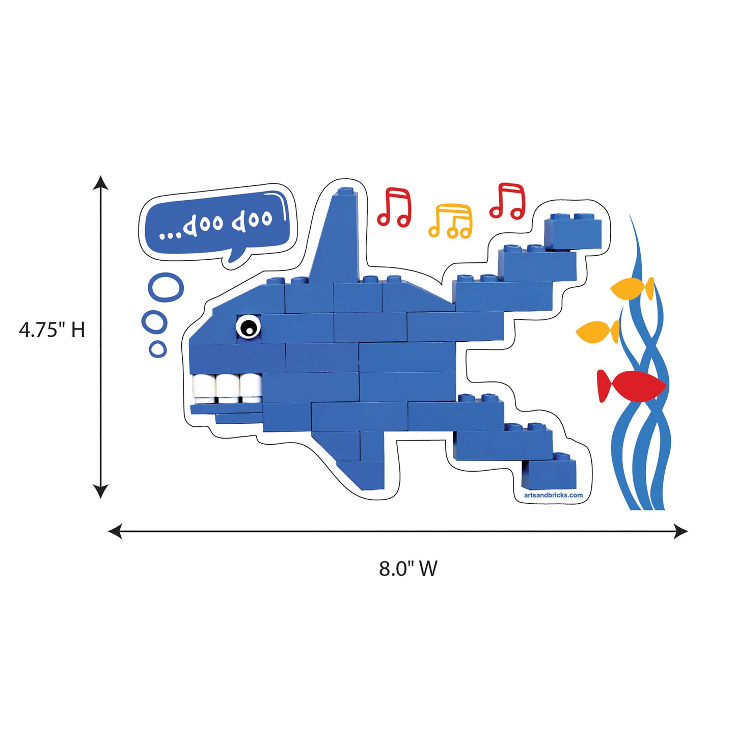 Image showing scale of brick built baby shark (Height: 4.75 inches, Width: 8 inches)