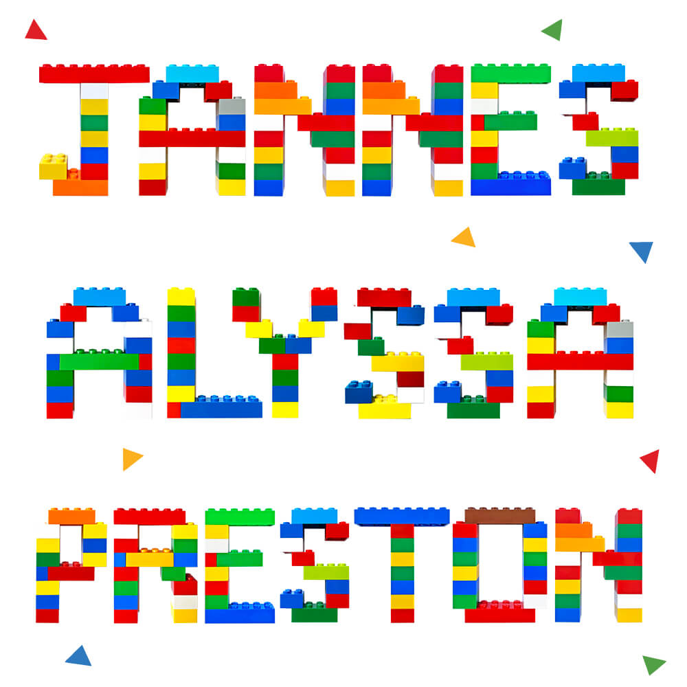 Image of LEGO name stickers for kids (James, Alyssa, Preston)